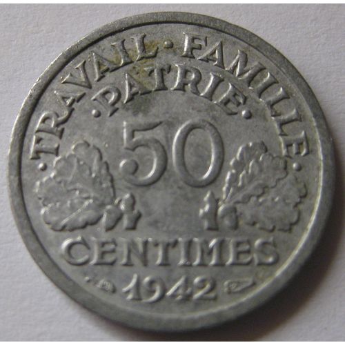 Pièce De Monnaie Française De 50 Centimes, 1942, Etat Français, (37).