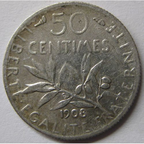 Pièce De Monnaie Française, 50 Centimes, 1908, Semeuse Argent, (48).