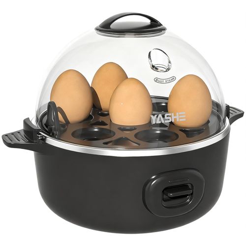 Cuiseur a oeufs YASHE 7 oeufs, oeufs durs mollets coque, fonction pocheuse et cuiseur a omelette, plateau et bol sans BPA, arret automatique, signal sonore, noir, pratique compact polyvalent