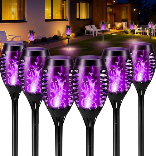 6 Pièces Lumières Flamme Solaire Exterieure,Violet Lampe Exterieur,Led Extérieur Flamme,12 Led Torche Solaire Étanche,Lampe Flamme Vacillante Pour Jardin,Patio,Chemins