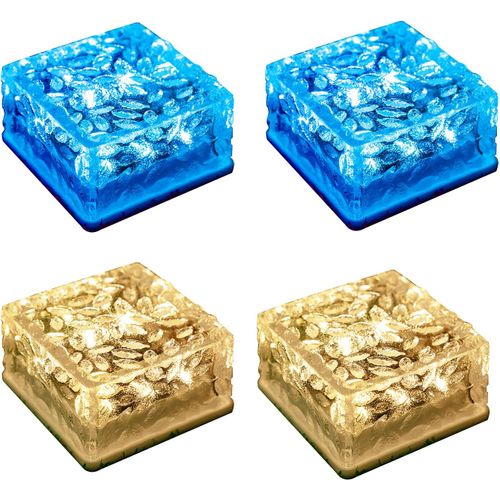 Lampe Solaire D'extérieur En Brique, Pavés Solaires En Verre, Lampes Solaires, Éclairage De Chemin, Cube Solaire En Pierre De Glace, Étanche (Blanc Chaud Et Bleu)