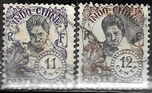 Indochine, Colonie Française 1922 / 23, Beaux Timbres Oblitérés Yvert 110 111, Types Femme Cambodgienne, 11c. Violet Et 12c. Brun.