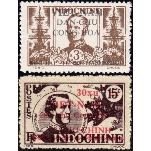 Indochine / Vietnam, Guerre D'Indépendance 1945 / 46, Beaux Timbres Neufs** Amiral Courbet 3c. Brun Et Francis Garnier 15c. Lilas Brun Surchargés Par Les Forces Indépendantistes Du Général Ho Chi Minh