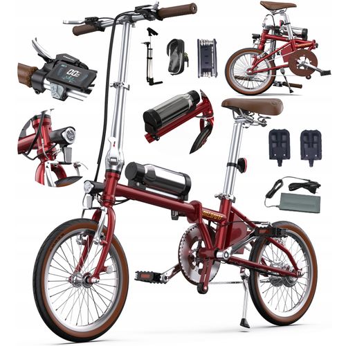 Vélo Électrique Pliable Rétro Onesport Ot02 Moteur 250 W, Batterie 36 V 5,2 Ah Vitesse Maximale : 25 Km/H Autonomie : 25 Kilomètres Freins V-Brakes - Rouge