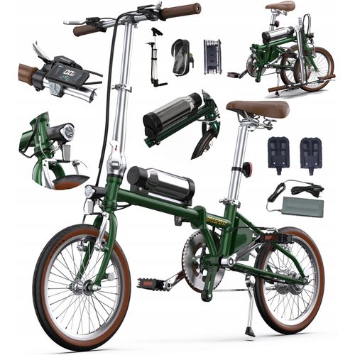 Vélo Électrique Pliable Rétro Onesport Ot02 Moteur 250 W, Batterie 36 V 5,2 Ah Vitesse Maximale : 25 Km/H Autonomie : 25 Kilomètres Freins V-Brakes - Vert