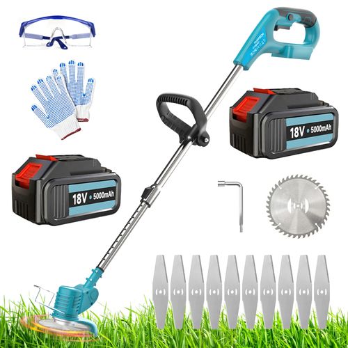 Strimmer d'herbe sans fil, Strimmer de jardin avec 2 batteries Pack 5.0Ah, Strimmer électrique Strimmer de batterie léger, Strimmer léger réglable lame métallique pour jardins pelouses