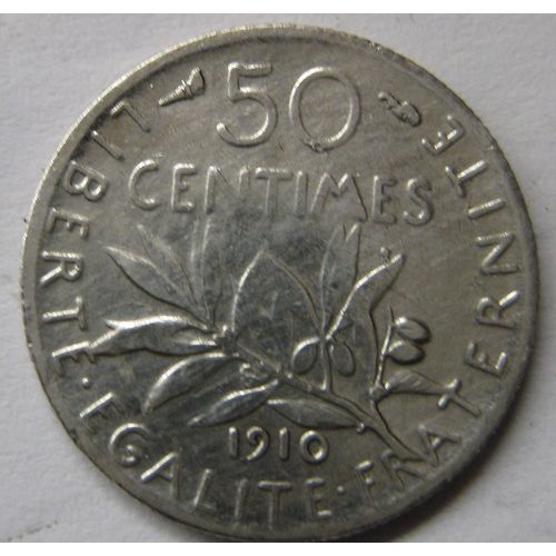 Pièce De Monnaie Française De 50 Centimes Semeuse Argent, 1910, (108).