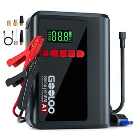 Gooloo A1 Démarreur De Voiture 2000a 12v Avec Gonfleur De Pneus 150psi, Débit D'air 35l/Min, Arrêt Automatique, Lumière Led, Pour Véhicules Essence 7l Et Diesel 5,5l