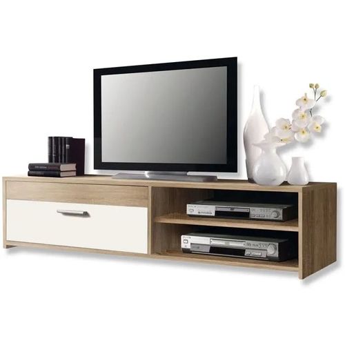 Meuble TV PILVI - Style contemporain - Particules mélaminé - Décor Chêne et blanc - 1 Abattant + 2 niches - L 120 x P 42 x H 32 cm