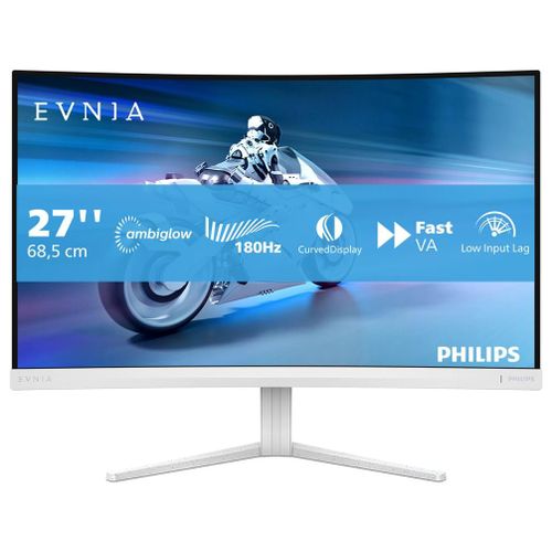 Philips Evnia 5000 27M2C5201L - Écran LED - jeux - incurvé - 27" - 1920 x 1080 Full HD (1080p) @ 180 Hz - Fast VA - 3000:1 - HDR10 - 0.5 ms - 2xHDMI, DisplayPort - blanc