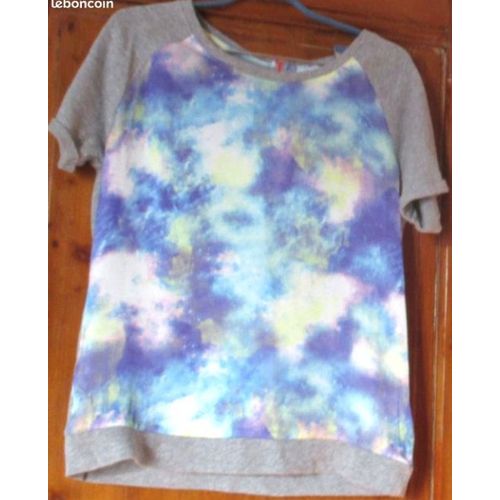 Joli Tee-Shirt-Devant Moucheté De Bleu/Rose/Jaune 100%Polyester Soyeux (Un Peu Transparent)-Dos Gris Uni 100%Coton Avec Fermeture Éclair(Bordée De Rose)-Mini Manches Avec Revers-K By Kookai-Taille L