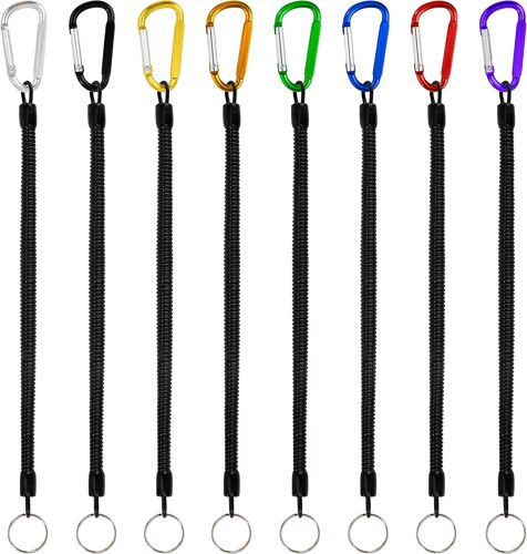 JGD-Pêche Cordons Lanière de Pêche Lot de 8 Porte-clés de Ressort en Spirale avec Mousqueton, Rétractable Corde Anti-Disparition de Sécurité pour Poisson Outils Lèvres Grabber