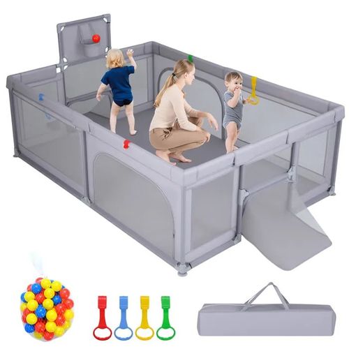 Costway Parc Bebe - 50 Balles Océaniques, Panier De Basket, But De Football, Porte Zippée, 4 Anneaux De Traction 0-3 Ans Gris Clair