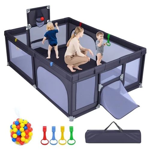 Costway Parc Bebe - 50 Balles Océaniques, Panier De Basket, But De Football, Porte Zippée, 4 Anneaux De Traction 0-3 Ans Gris Foncé