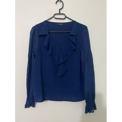 Blouse Marine À Volants Et Avec Manches En Dentelle Shein Taille M/38