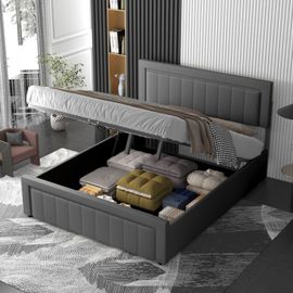 Lit contemporain avec coffre de rangement 140x190cm en velours gris NASHVILLE