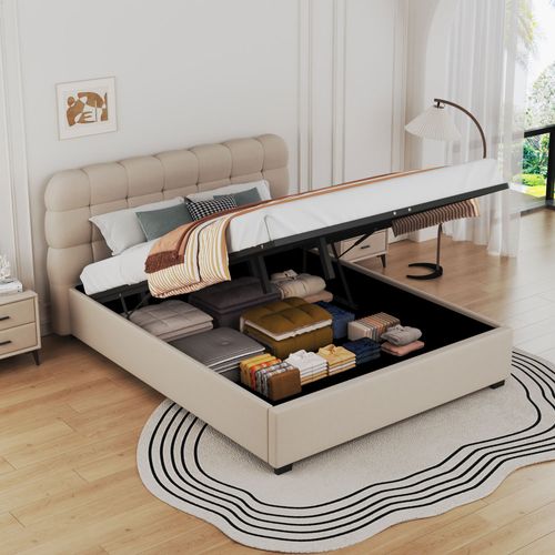 Lit nuage avec coffre de rangement 160x200cm en velours beige DALLAS