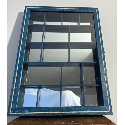 Vintage-Vitrine murale avec miroir-bois bleu