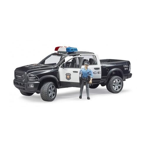 BRUDER Vehicule de police RAM 2500 et policier - Son et lumiere, 1:16 - Voiture USA Pickup 4x4 Tout Terrain - Set Jouet et Carte