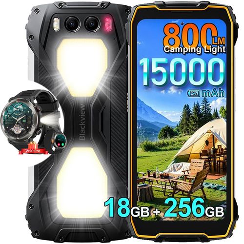 Blackview BV7300 Smartphone Incassable 6.67" 256Go 50MP 15000mAh Orange avec Smartwatch Blackview W50 Pro