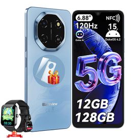 Blackview SHARK6 5G Smartphone Débloqué 12Go+128Go/2To 6.67" 50MP+13MP 5000mAh Android15 Téléphone-Bleu avec R50 montre intelligente