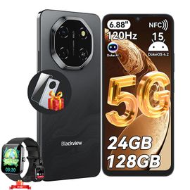 Blackview SHARK6 5G Smartphone Débloqué 24Go+128Go/2To 6.67" 50MP+13MP 5000mAh Android15 Téléphone-Noir avec R50 montre intelligente
