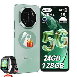 Blackview SHARK6 5G Smartphone Débloqué 24Go+128Go/2To 6.67" 50MP+13MP 5000mAh Android15 Téléphone-Vert avec R50 montre intelligente
