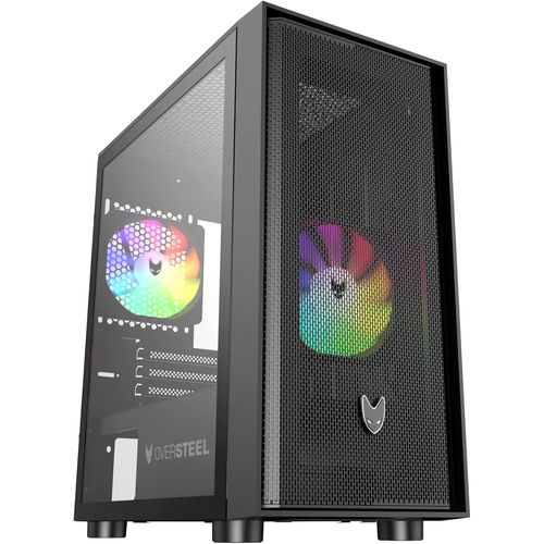 Oversteel – boîtier gaming Aeris, compatible avec cartes Micro-ATX et ITX, 2 ventilateurs RGB de 120 mm, façade en mesh, 2 filtres à poussière, panneau latéral en verre trempé…