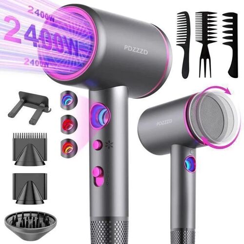 Seche Cheveux Ionique Professionnel 2400w Puissant, 3 Températures Et 3 Vitesse - Avec Support, 2 Concentrateurs, 1 Diffuseur, Gris