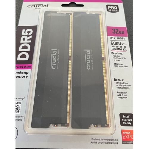 Crucial Pro RAM DDR5 32Go Kit (2x16Go) 6000MHz CL36, Overclocking Gaming, Intel XMP 3.0 / AMD Expo, PC Mémoire, Noir - CP2K16G60C36U5B