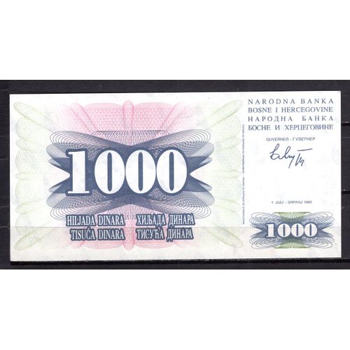 Billet De Banque Bosnie Herzegovine 1000 Dinara 1992 Pick 15 Neuf Unc Dimension 145 × 73 Mm