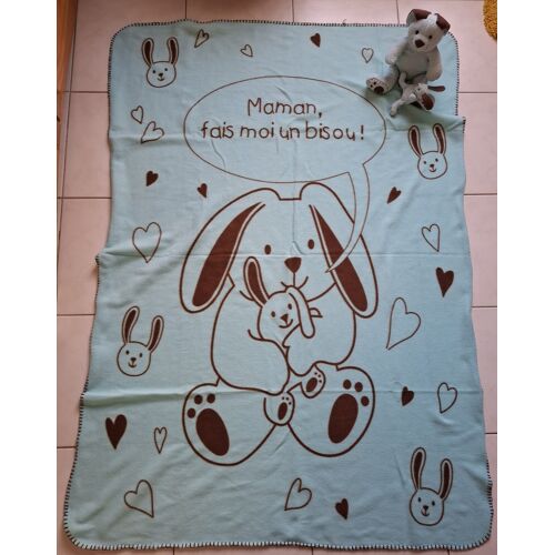 Ensemble Bébé Doudou Peluche + Plaid Couverture Polaire - Lapin Bleu Et Son Petit - Maman Fait Moi Un Bisou