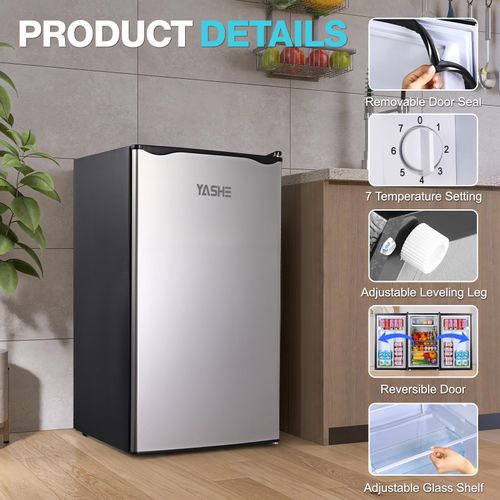 Mini réfrigérateur 92L avec congélateur YASHE, porte-bouteilles intégré, porte réversible, thermostat réglable, acier inoxydable, compact et silencieux, argenté