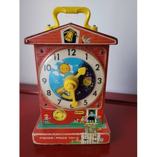 FISHER PRICE Toys Music Box Teaching Clock (apprendre l'heure) en bois/plastique Vintage