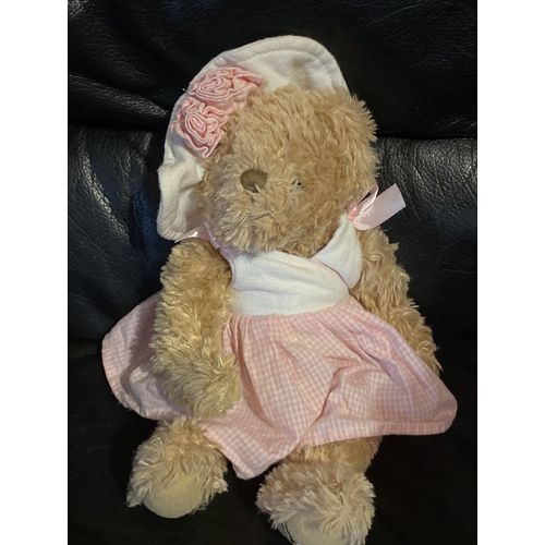 Peluche ours fille louis mansen robe rose et blanche chapeau à fleur 34cm