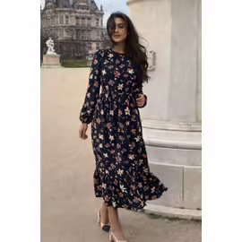 Robe Longue Noire Fleurie Manches Longues Fluide ¿ Taille S ¿ Élégante & Féminine