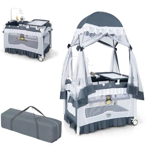 Lit Bébé Parapluie Bébé Pliant 4 En 1 Costway-Matelas,Moustiquaire De Yourte,Table À Langer-2 Roues-Boîte À Musique,3 Jouets-Gris