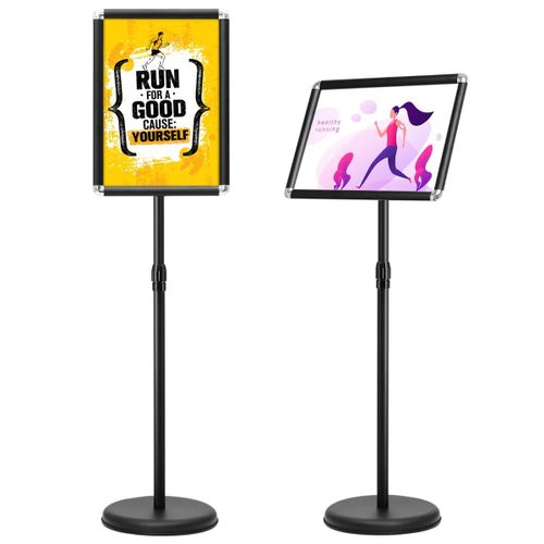 Lot de 2 porte-affiches sur pied 33 x 45 cm hauteur réglable 89,5 à 134 cm à 360 degrés style moderne en aluminium noir Helloshop26 20_0012477