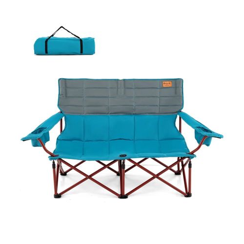 Chaise De Camping 2 Places 147 X 69 X 82 Cm Assise Rembourrée Pliable Avec Porte-Gobelets En Métal Bleu Helloshop26 20_0011148