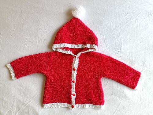 Veste Gilet Rouge Et Blanc A Capuche A Pompon. Fait Main. Laine. Taille 6 Mois