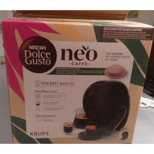 Vends machine à café Dolce Gusto Neo Caffè noire, NEUVE, jamais ouverte, dans son emballage d'origine scellé. Jamais utilisée. Prix magasin: 130€ Négociable dans la limite du raisonnable.