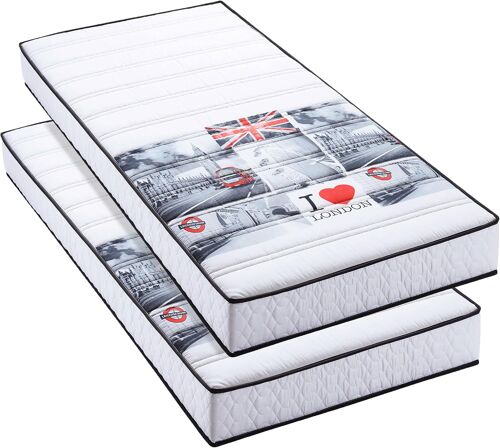 BLUEMOON Lot de 2 Matelas mousse 90x190cm LONDON 5 zones de confort Soutien ferme et enveloppant Épaisseur 15cm Housse Hypoallergénique Fabriqué en Belgique