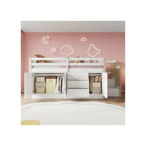 Lit enfant surélevé avec escalier, avec tiroirs, avec 2 armoires de rangement et cintres, sans matelas, blanc 90*200
