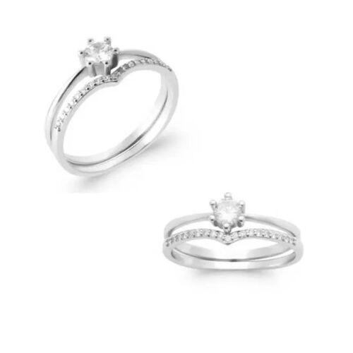 Bague Solitaire - Bijouxia - Double Anneaux - Argent Massif 925 - Oxyde De Zirconium - T 50 À 60