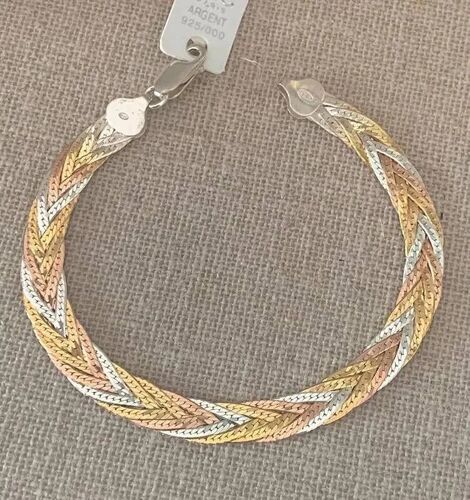 Bracelet - Argent 925 - Maille Tressée Double - Tricolore Rose/Doré/Gris - Longueur 19cm - Mixte