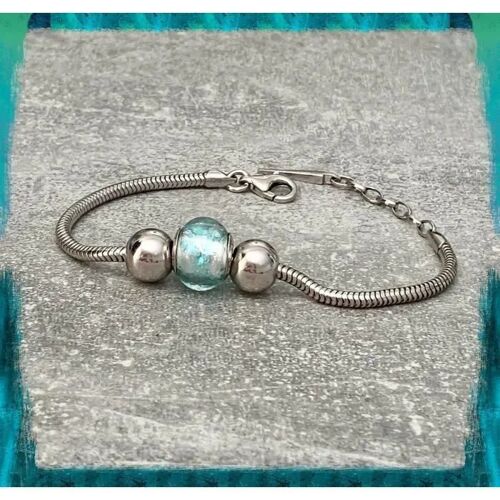 Bracelet - Charms - Perle Bleu Clair - Verre De Murano - Argent 925 - Mixte