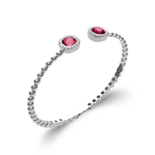 Bracelet Jonc - Argent Massif 925 - Cristal Facetté Rouge Rosé - 5,8 Cm - 8 Mm - 7,93 G