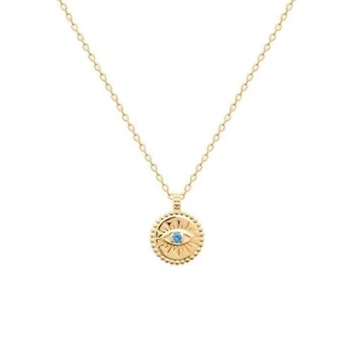 Collier Pendentif - Bijouxia - Médaille Oeil - Cristal Zirconium Bleu Topaze - Plaqué Or 18 Carats - 45cm