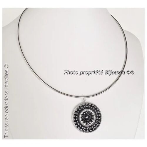 Pendentif - Bijouxia - Cercle Serti Pierres Noires - Argent Massif 925 - 3,2 Cm - 5,30 G