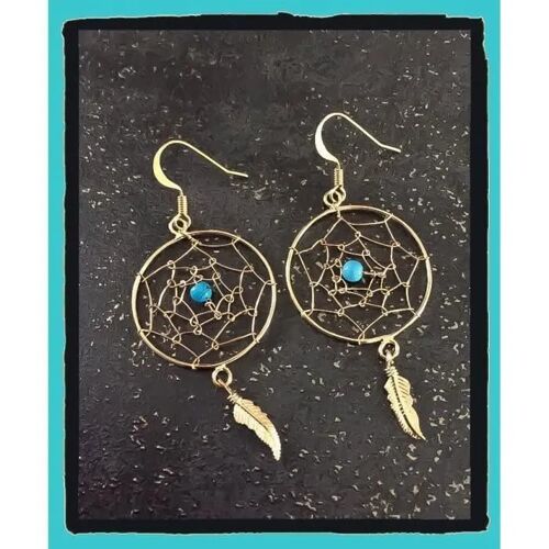 Boucles D'oreilles Pendantes - Bijouxia - Turquoise - Plaqué Or 18 Carats - Crochet - 6 Cm De Hauteur